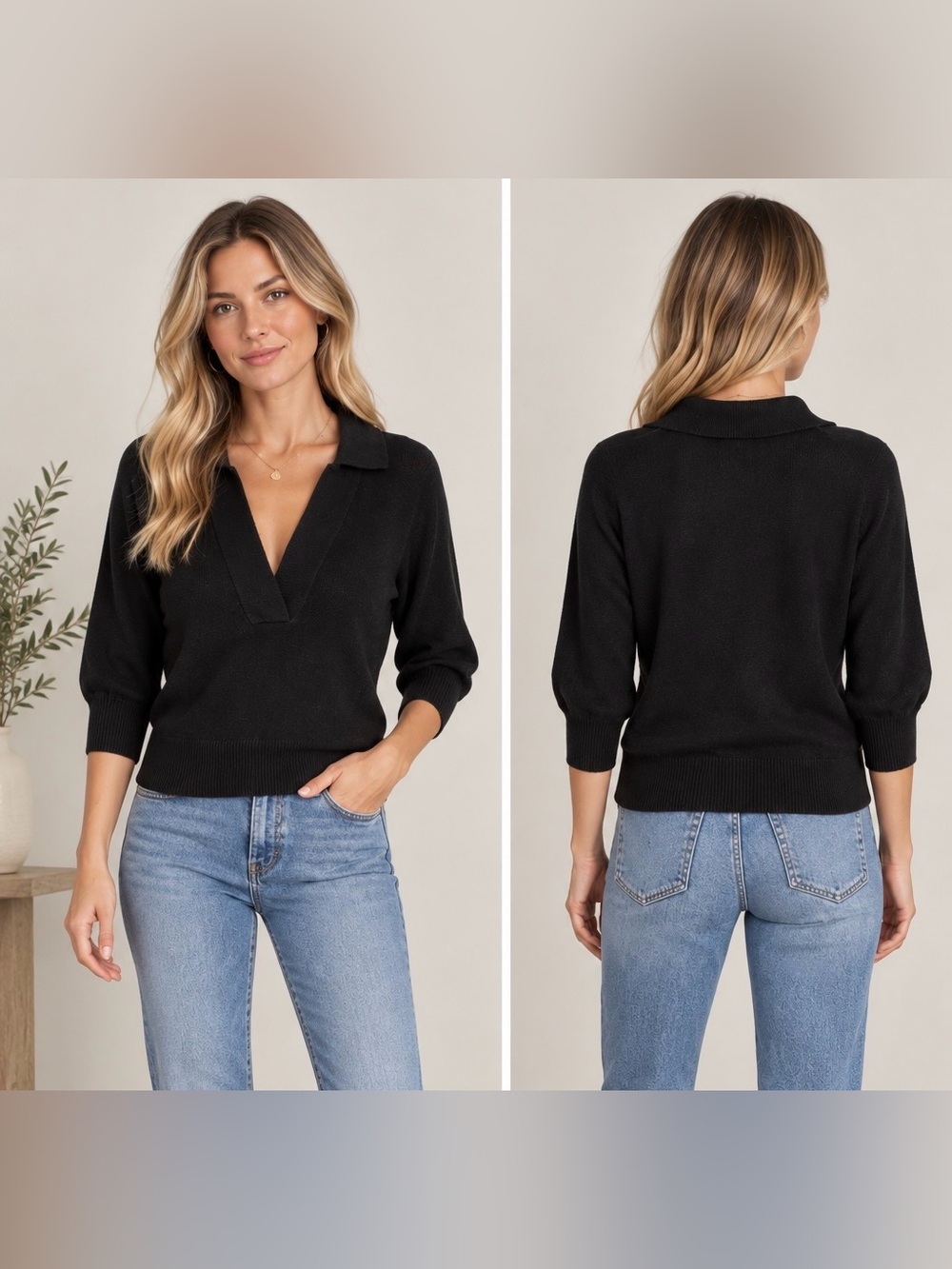 Banana Republic Black Ramie Blend Dolman Sleeve Johnny Collar Sweater